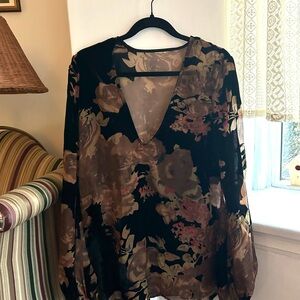 Vintage Floral V-Neck Women's Top Velour/Velvet Sheer